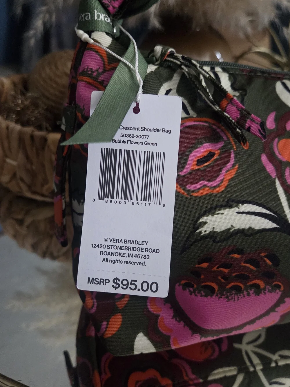 NWT Vera Bradley Crescent Shoulder Bag Bubbly Flowers Green MSRP $95